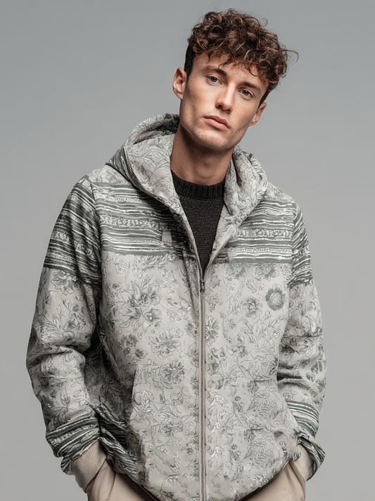 Men's light floral print hooded zipper sweatshirt