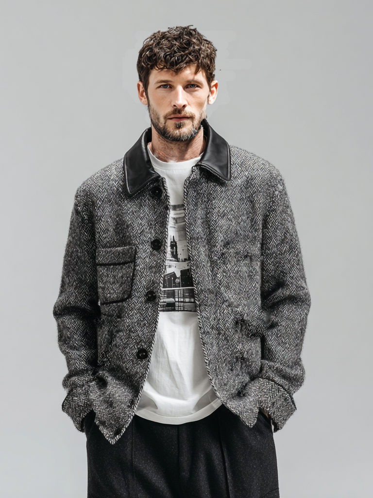 Men's herringbone leather collar casual jacket