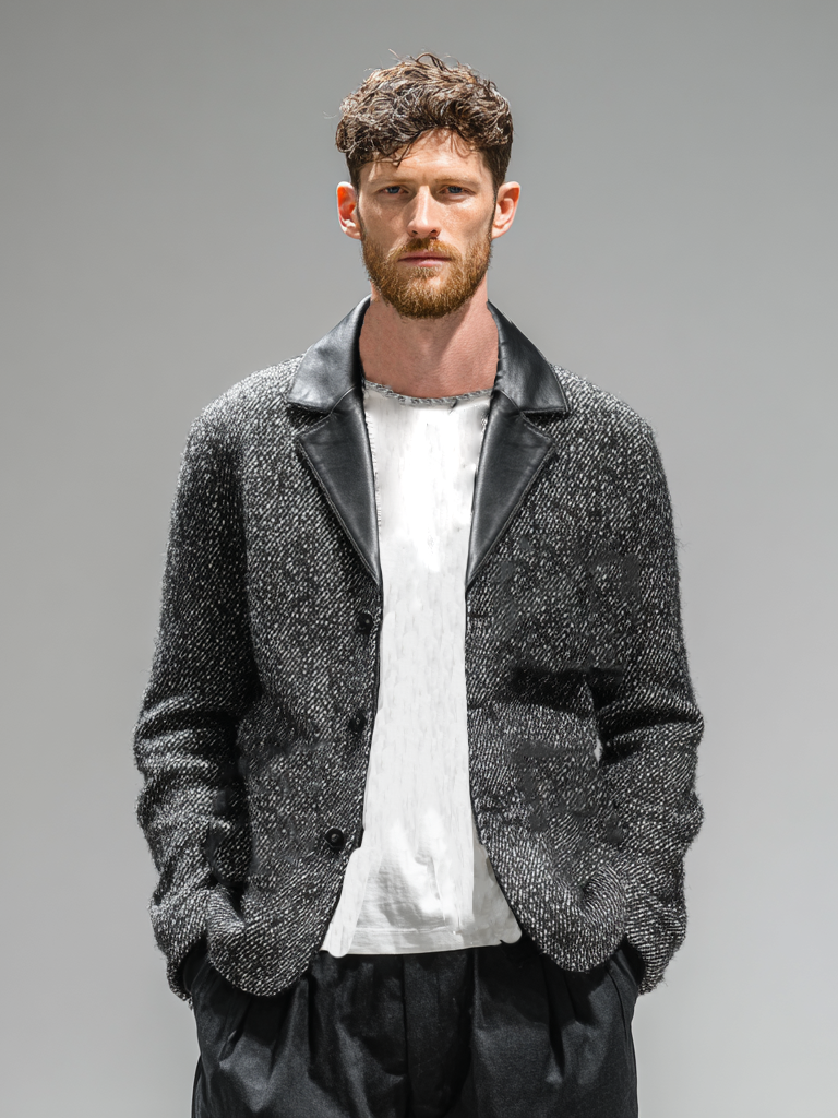 Men's woolen patchwork leather collar coat