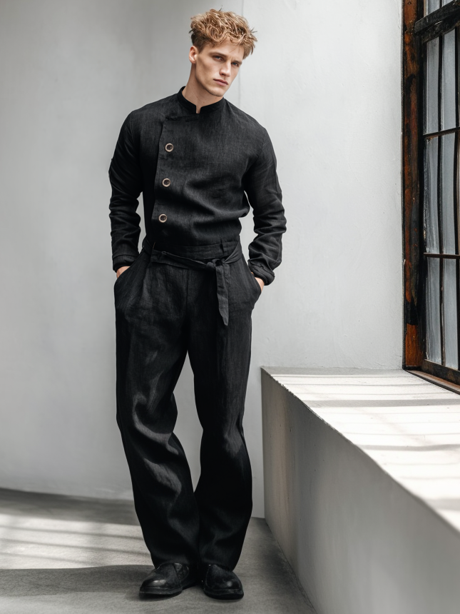 Men's casual linen stand-up collar jumpsuit