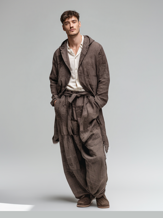 Men's hooded linen print suit