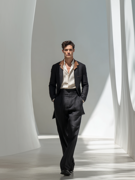 Completo da uomo alla moda con piccoli revers e motivo color-block