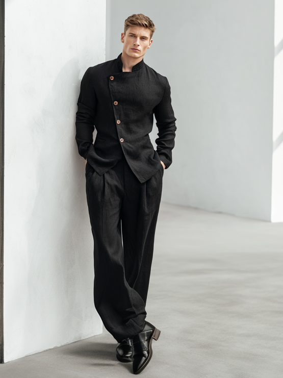 Men's casual linen stand-up collar suit
