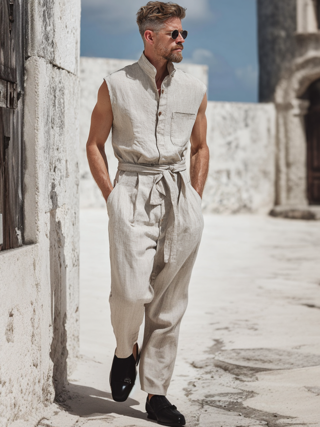 Men's Cotton-Linen Sleeveless Jumpsuit with Stand Collar