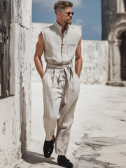 Men's Cotton-Linen Sleeveless Jumpsuit with Stand Collar