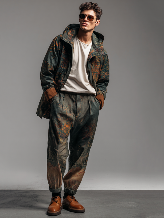 A two-piece set of men's Bohemian-style hooded jacket and casual pants