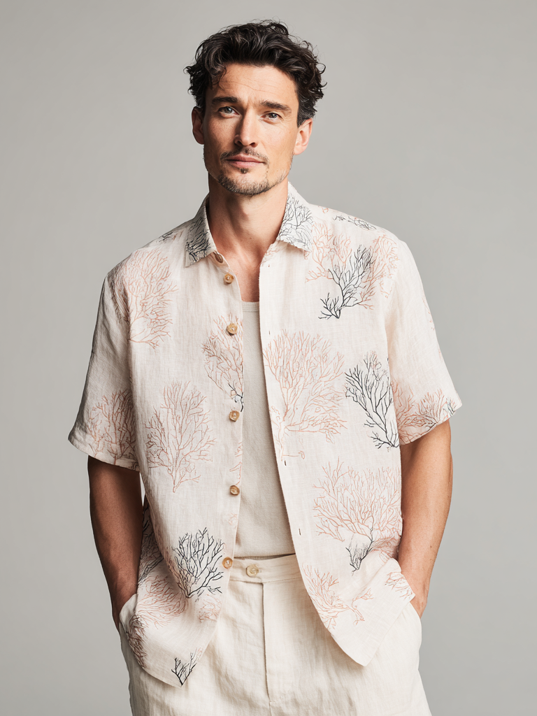 Men's casual linen coral printed short-sleeved shirt