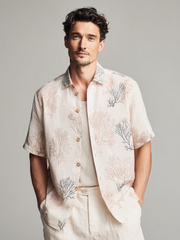Men's casual linen coral printed short-sleeved shirt
